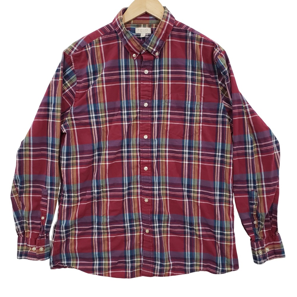 Sonoma Button Down Shirt MensL Burgundy Plaid Long‎ Sleeve Cotton Casual Preppy